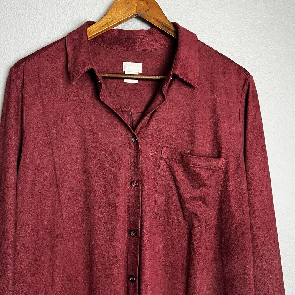 Chico's Everyday‎ Faux-Suede Button-Front Shirt Size 2 (12/14) Burgundy Career